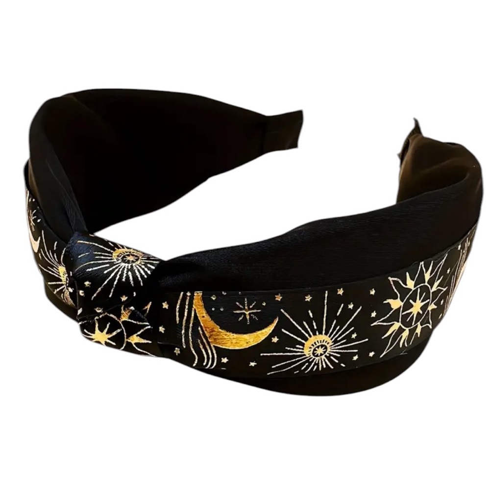 Black Blue Striped Celestial Moon & Star Knotted Headband